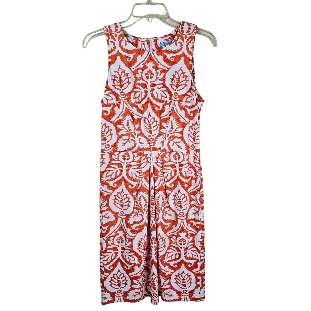 J. McLaughlin Catalina Cloth Dress M Orange Damask‎ Print Pleated Preppy Resort